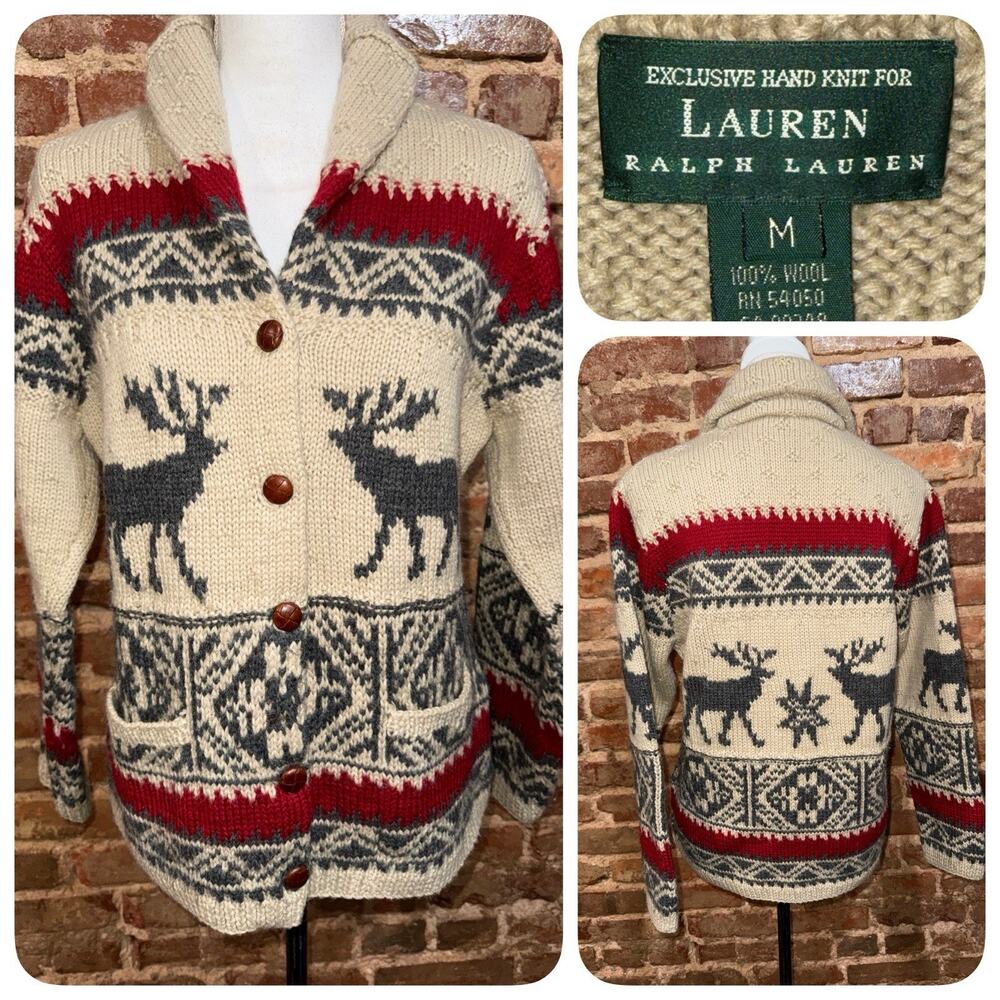 LAUREN RALPH LAUREN 100% Wool Hand knit cardigan Sweater Shawl Collar Deer Sz M